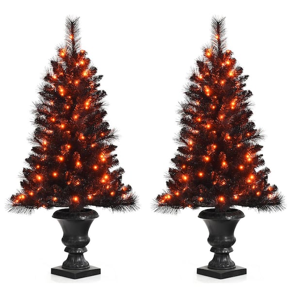 Gymax 4 ft. Pre-Lit Artificial Christmas Tree Entrance Potted Xmas Halloween Tree (2-Piece)