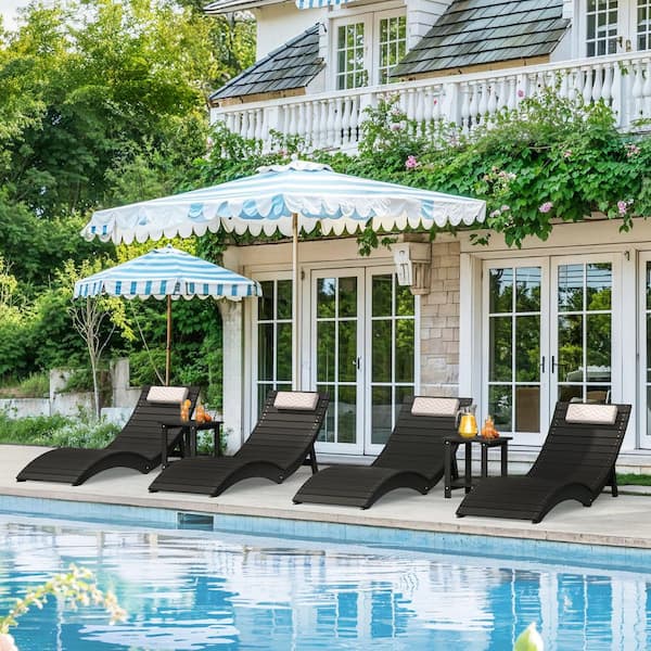 Sally Black Folding 4-Piece HDPS Plastic Outdoor Chaise Lounge with Cushions-Up to 11-Inch Deep