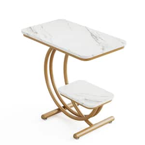 Kerlin 23.6 in. 1 PCS White and Gold C-Shaped Faux Marble Side Table Modern End Side Table with 2-Shelf