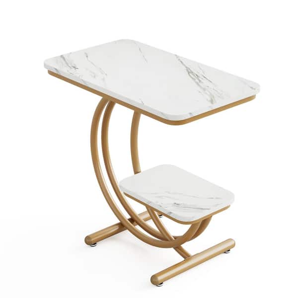 BYBLIGHT Kerlin 23.6 in. 1 PCS White and Gold C-Shaped Faux Marble Side Table Modern End Side Table with 2-Shelf