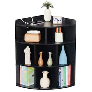 Corner Cabinet with Charing Station, 3-Tier Cube Storage Organizer with USB Ports and Outlets, Triangle Bookcases, Black