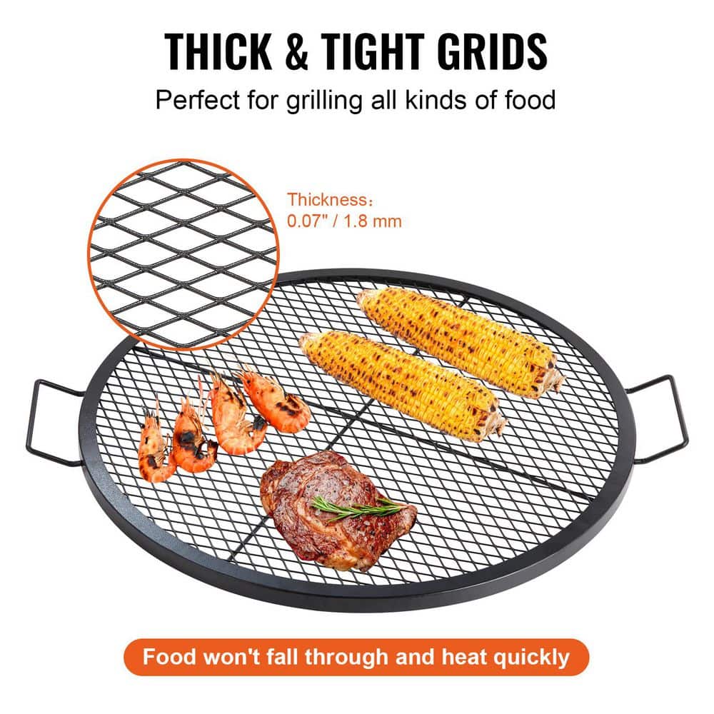 30 in. Fire Pit Grill Grate, Heavy Duty Steel BBQ Cooking Grid, Round Campfire Grate with X Wire and Handle