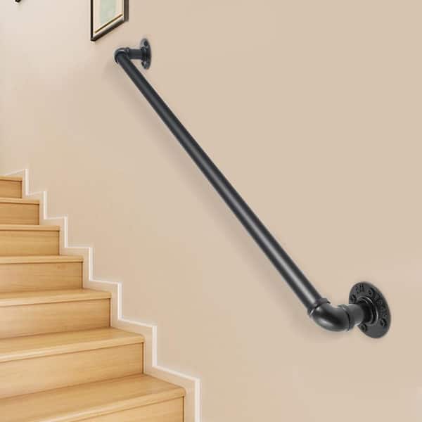 Pipe Stair Handrail, 2 ft. Staircase Handrail, 23.62 in. H x 3.74 in. W, Black, Carbon Steel Stair Railing Kit