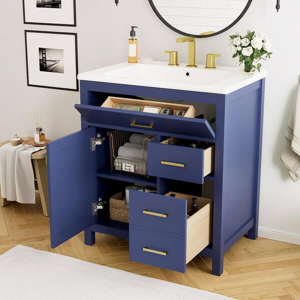 30 in. W Freestanding Bath Vanity in Blue with White Ceramic Top and Sink, Ample Storage