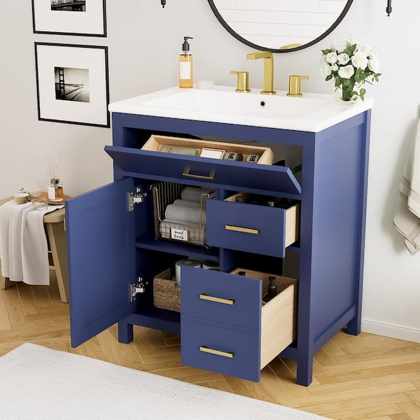 30 in. W Freestanding Bath Vanity in Blue with White Ceramic Top and Sink, Ample Storage