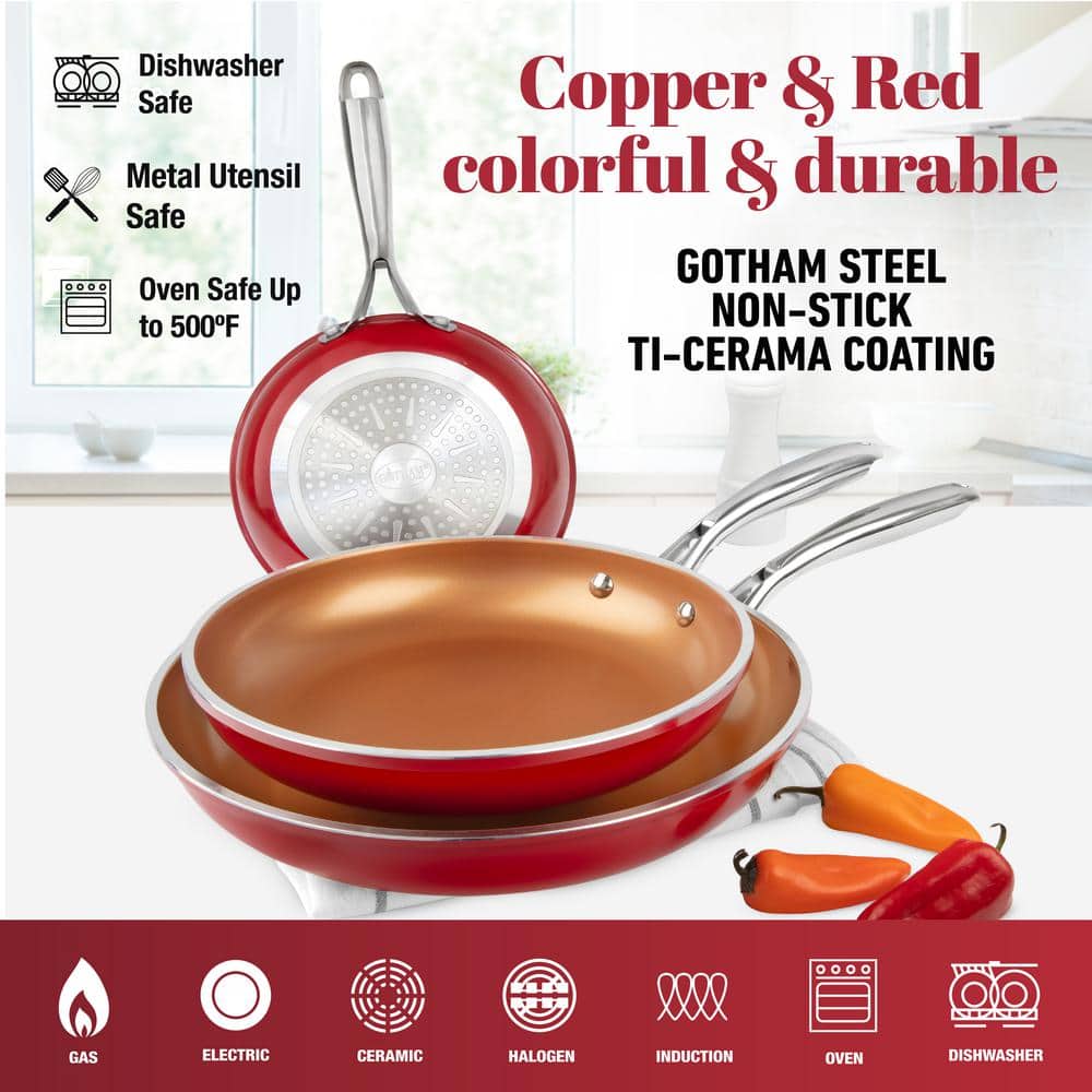 Gotham Steel Red Nonstick Ceramic Fry Pan Set, 8'', 10'' & 12''