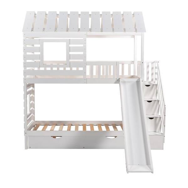 Angel Sar White Wood Twin over Twin House Bunk Bed with Trundle and ...