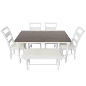 White 6-Piece Wood Table with Turned Legs Upholstered Chairs and Long Bench Outdoor Dining Set with Beige Cushion