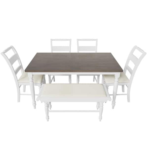 Unbranded White 6-Piece Wood Table with Turned Legs Upholstered Chairs and Long Bench Outdoor Dining Set with Beige Cushion