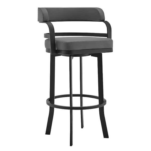 Armen Living Prinz 30" Bar Height Swivel Stool in Grey Faux Leather and Matte Black Finish