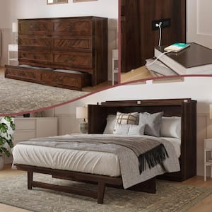 Dakota Barnwood Brown Wood Frame Queen Murphy Bed Chest with Storage Drawer and Built-in Charging Station