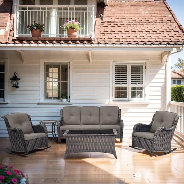 ArcoBay 5-Piece Brown Wicker Outdoor Rocking Swivel Chairs Patio Conversation Set with Gray Cushions and 3-Seat Sofa