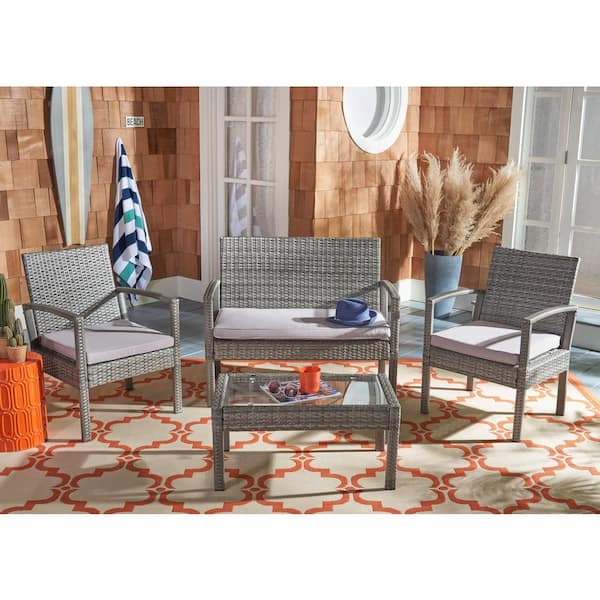Bassey Gray 4-Piece Wicker Patio Conversation Set with Gray Cushions