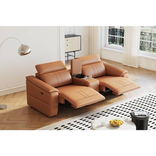Jex 88.5 in. Faux Leather Power Loveseat Recliner Sectional Sofa in Brown with Adjustable Headrest and Storage Console