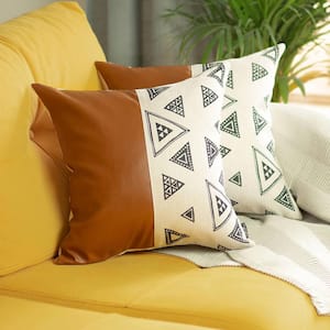 Bohemian Handmade Vegan Faux Leather Brown Geometric 17 in. x 17 in. Square Abstract Throw Pillow (Set of 2)