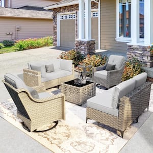 Thor 8-Piece Wicker Patio Conversation Seating Sofa Set with Gray Cushions and Swivel Rocking Chairs