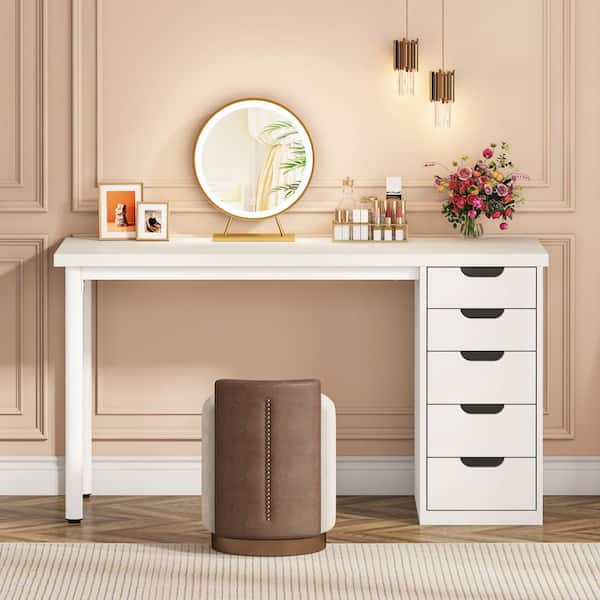 Helotes 47 in. White Makeup Vanity Desk with 5-Drawers, Chic Makeup Desk for Women, Girls (Only Desk）