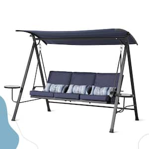 3-Person Metal Porch Swing with Canopy and Blue Cushions