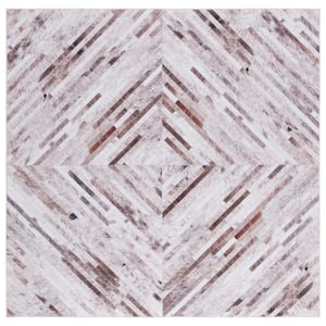 Faux Hide Beige/Brown 6 ft. x 6 ft. Machine Washable Striped Solid Color Square Area Rug
