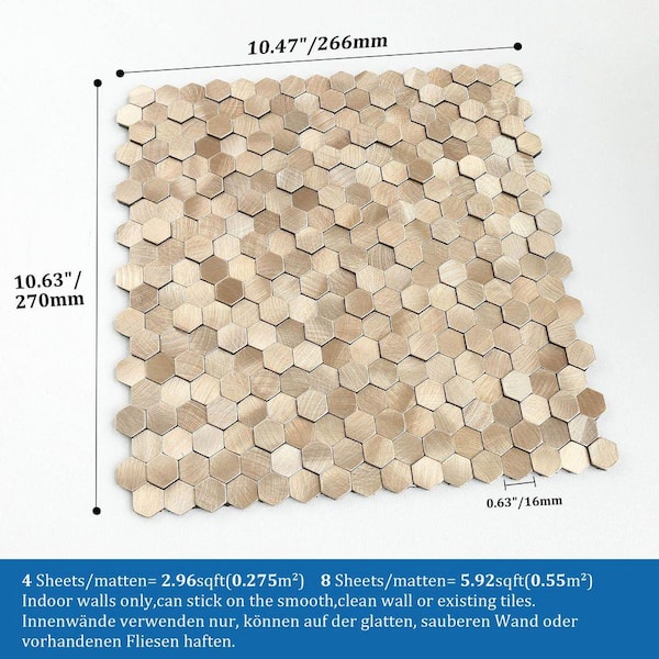 BeNice Peel And Stick Hexagon Backsplash Tile – 5-Pack Rose Gold, Metal Aluminum Composite, Heat Resistant 210°F, Waterproof – For Kitchen, Bathroom, RV