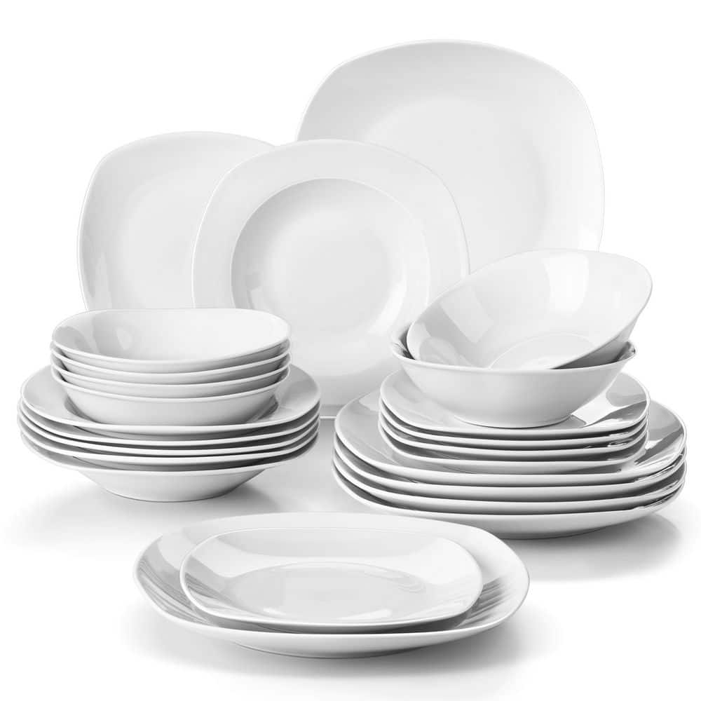 MALACASA 24-Piece Gourmet Porcelain Dinnerware Sets, Modern White Round  Dish Set for 6 - Premium Serving Plates and Bowls Sets for Dessert, Salad