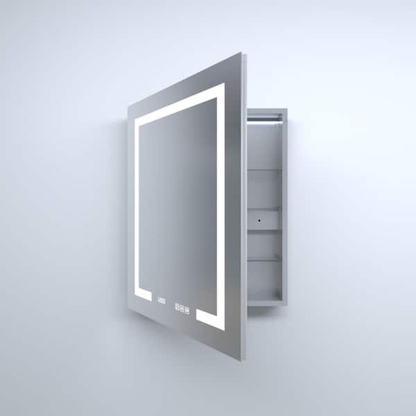 24 in. W x 30 in. H Rectangular Silver Aluminum Recessed/Surface Mount Left Medicine Cabinet with Mirror and LED