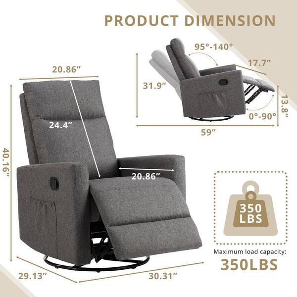 WONDER COMFORT Grey Fabric High Back Swivel Recliner Chair Glider