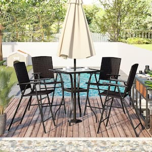 Black 5-Piece Metal and Wicker Counter Height Outdoor Dining Table Set with Umbrella Hole and 4 Foldable Chairs