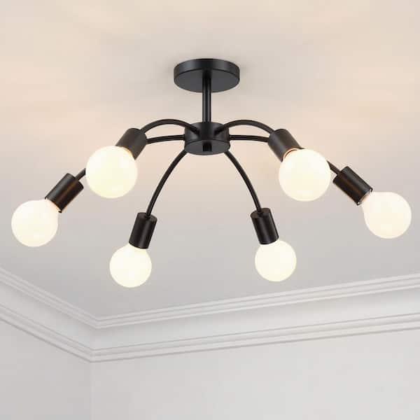 22 in. 6-Light Matte Black Modern Sputnik Semi-Flush Mount Ceiling Light for Dining Room and Living Room