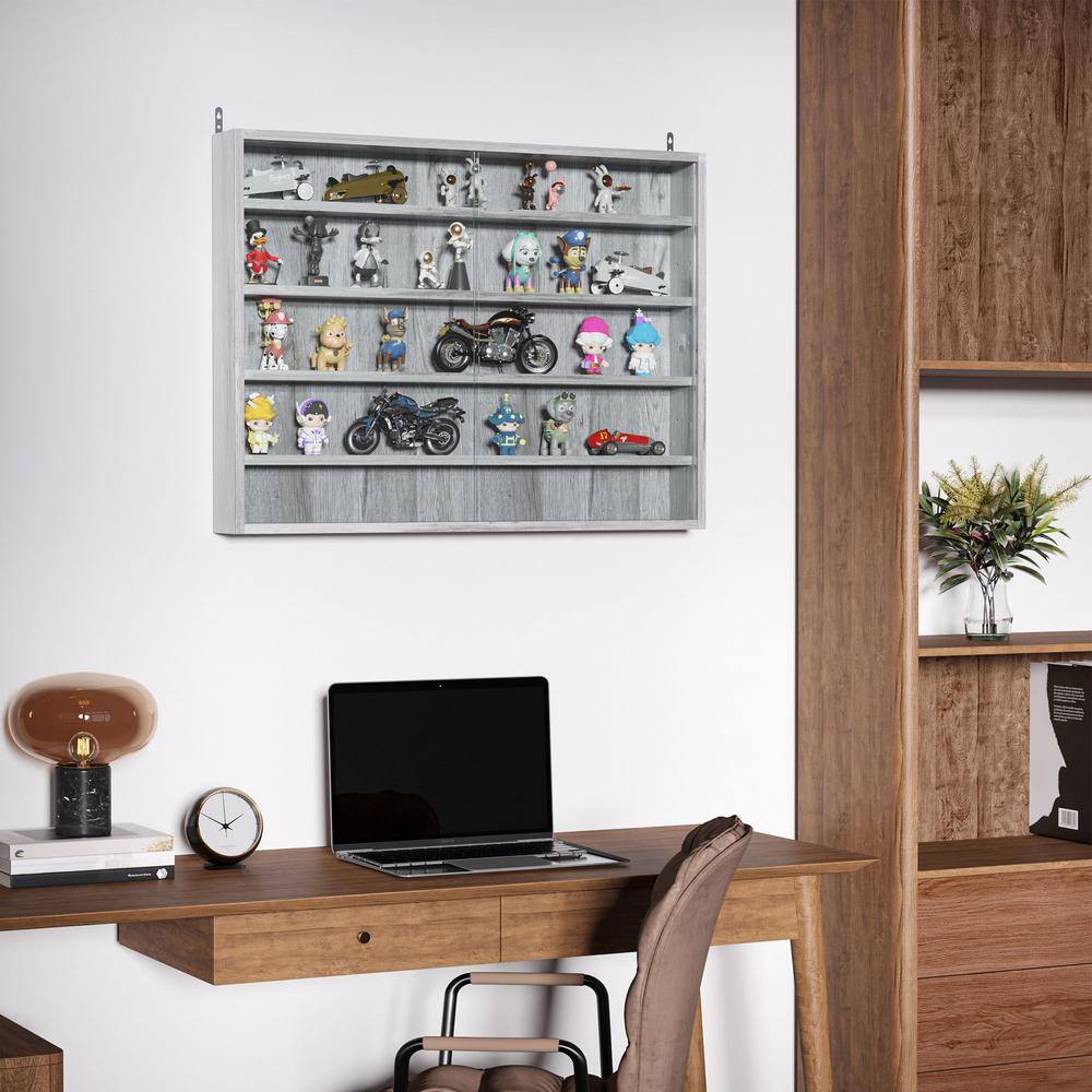 Gray Wood 5-Tier Wall-Mounted Display Cabinet with Glass Doors