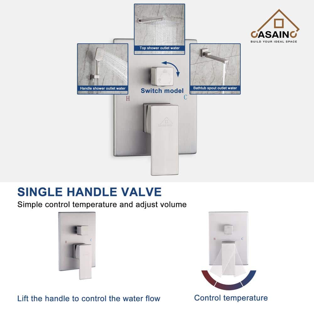 Brushed Nickel Wall Mounted Square Rain Shower System with Handheld