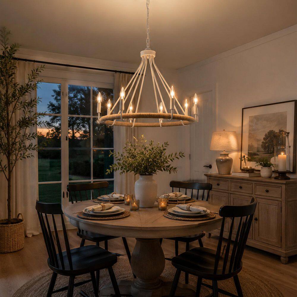 8 Light Distressed White and Brown Wagon Wheel Chandelier French Country Boho Twine Rope Pendant Light for Dining Room price history on PriceWatchPro