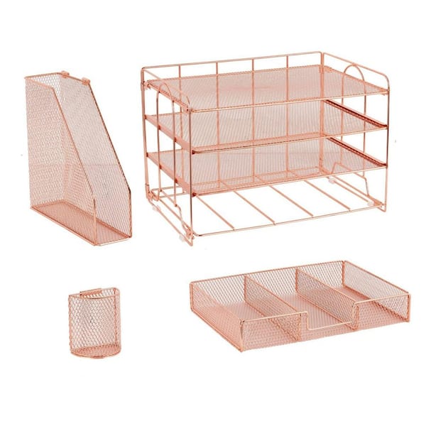 Afoxsos Paper Letter Tray Organizer with File Holder, 4-Tier Desk Accessories & Workspace Desk Organizers with Drawer, Rose Gold