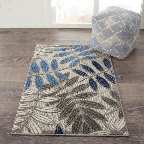 Aloha Grey Blue 2 ft. x 3 ft. Indoor/Outdoor Botanical Contemporary Area Rug