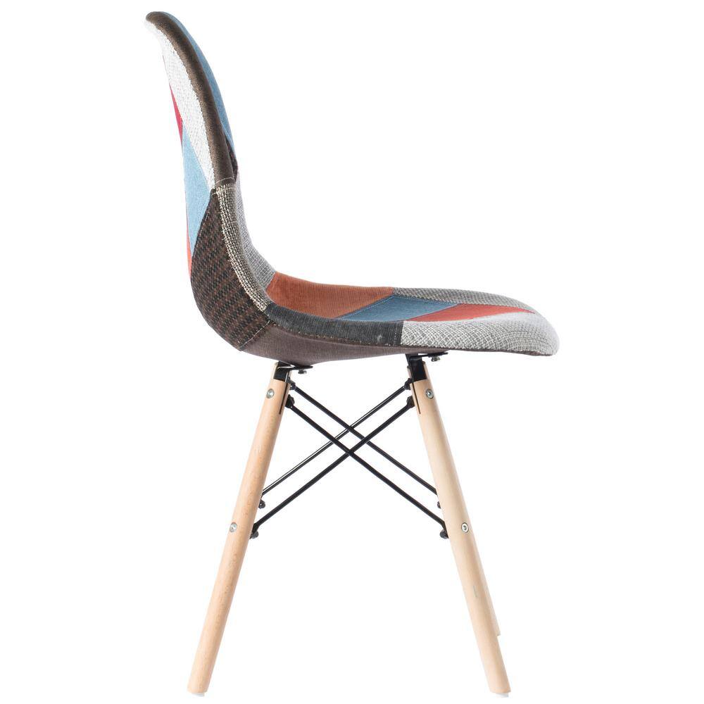 Multicolor Patchwork Upholstered Side Chair with Wooden Legs