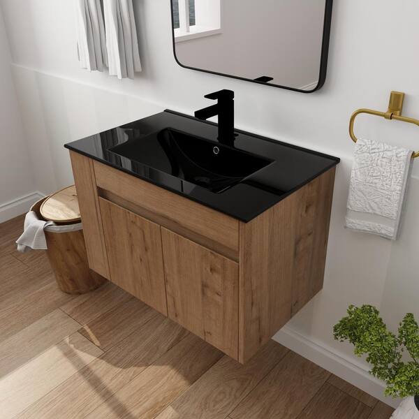 30 in. W x 18.3 in. D x 19.7 in. H Single Sink Floating Bath Vanity in Oak with Black Ceramic Top and Adjust Open Shelf