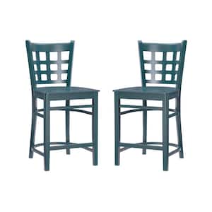 Dixie 37.75 in. Green Grid Back Wood 24 in. Counter Stool with Wood Seat (Set of 2)