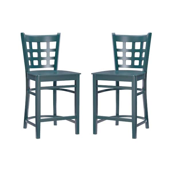 Linon Home Decor Dixie 37.75 in. Green Grid Back Wood 24 in. Counter Stool with Wood Seat (Set of 2)