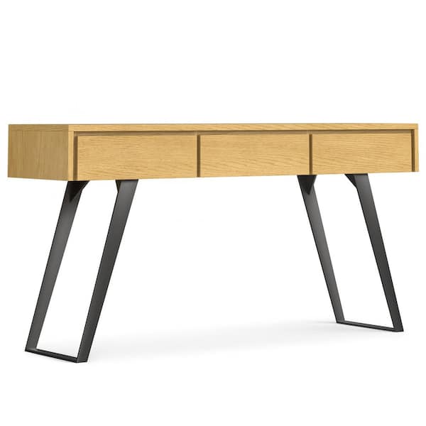 Simpli Home Lowry 60 in. Oak Veneer Wide Rectangle Modern Industrial Wood Console Table
