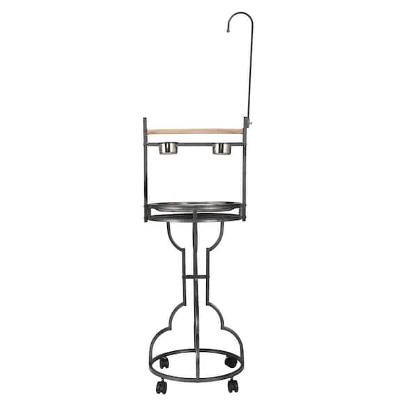 Bird Stand Iron Rack with Solid Wood Perch, Feeding Bowls, Waste Tray, Toy Hook and Casters, Caged Feeder Black