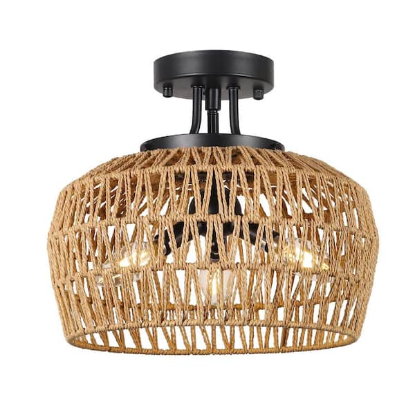 PUDO 12.6 in. 3-Light Rattan Brown Lantern Pendant Light Flush Mount with Rattan Shade