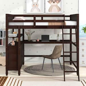 Full size Loft Bed with Drawers and Desk, Wooden Loft Bed with Shelves-Espresso