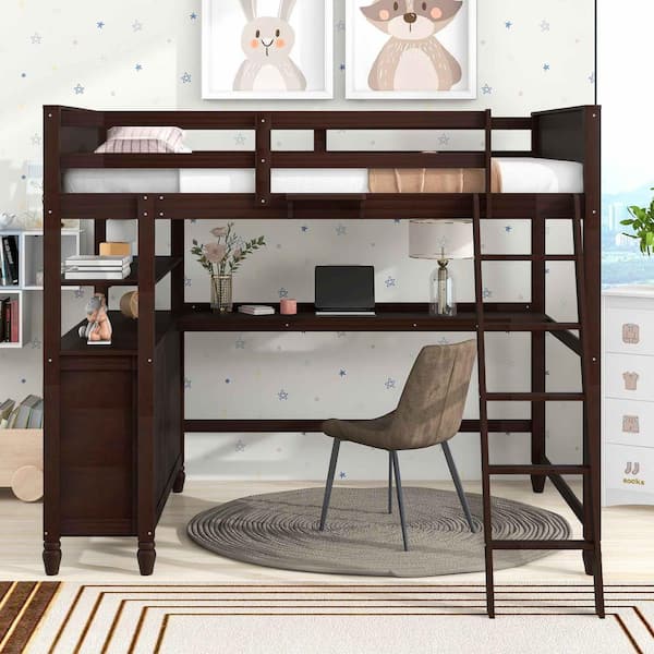 Polibi Full size Loft Bed with Drawers and Desk, Wooden Loft Bed with Shelves-Espresso