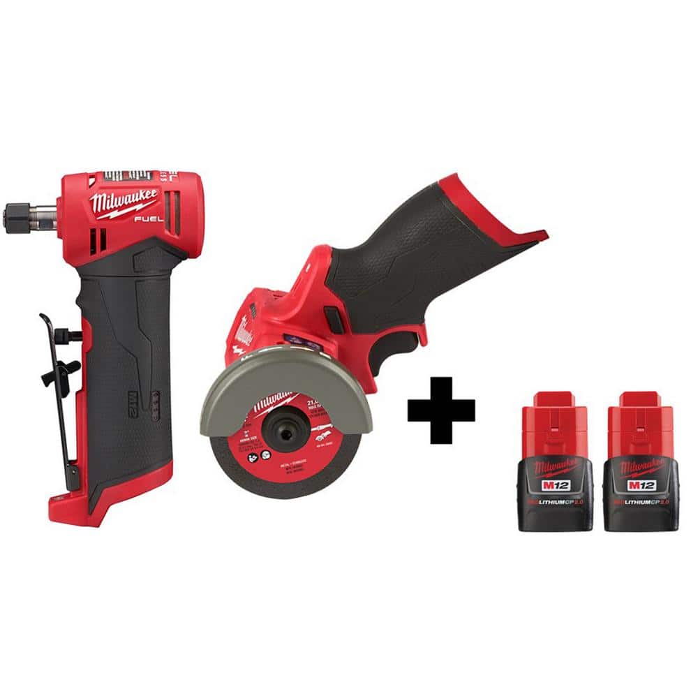 Milwaukee M12 FUEL 12V Lithium-Ion Brushless Cordless 1/4 in. Right Angle Die Grinder and Cut Off Saw with 2 Batteries -  2485-20-2522-X