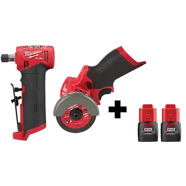 Milwaukee M12 FUEL 12V Lithium-Ion Brushless Cordless 1/4 in. Right Angle Die Grinder and Cut Off Saw with 2 Batteries
