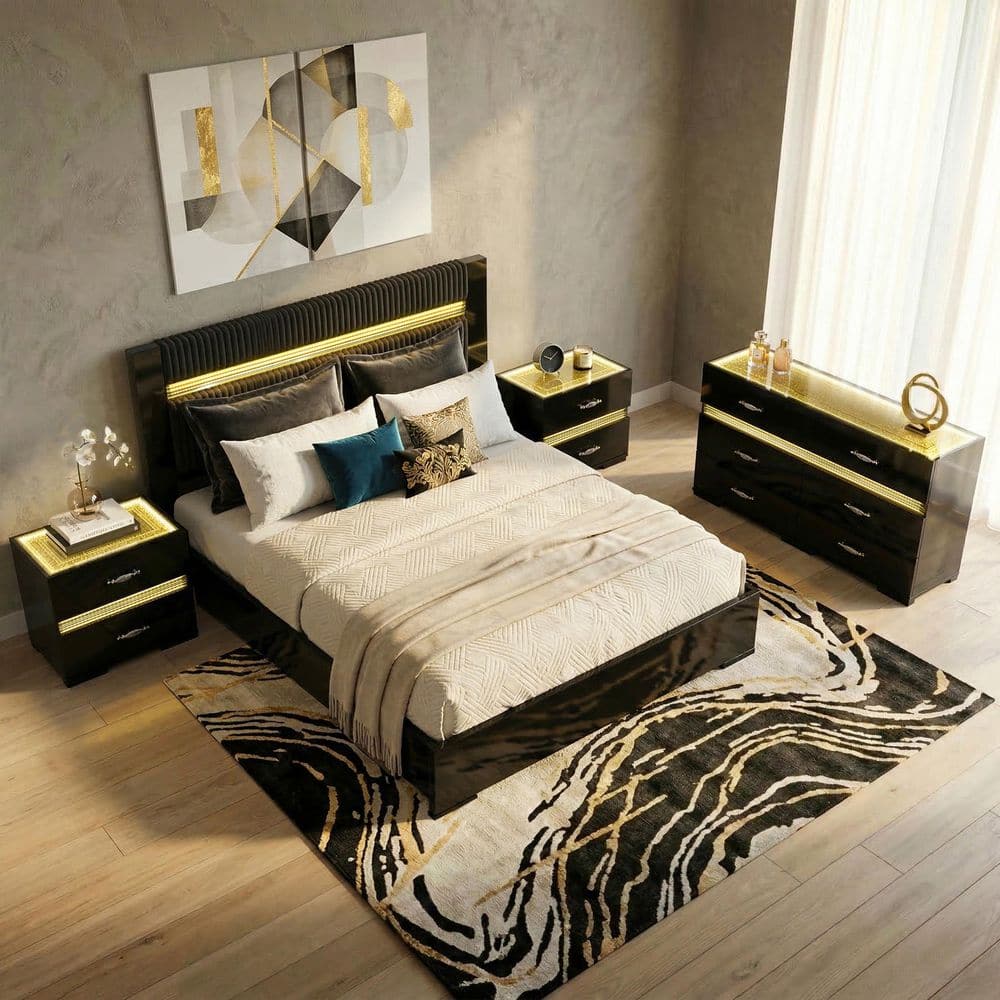 black and gold nightstand and dresser set Luxury Upholstered Panel Bedroom Set with Tufted Fabric in Black Latitude Run Bed Size: Queen Pieces Included: 4 Piece