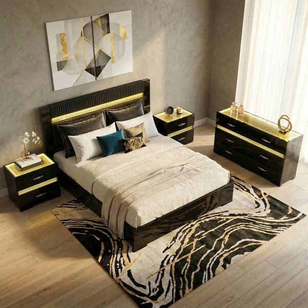 Furniture of America Saven Modern 4-Piece Black Solid Wood LED Light Bedroom Set with Dresser and 2 Nightstands - King Furniture of America Saven Modern 4-Piece Black Solid Wood LED Light Bedroom Set with Dresser and 2 Nightstands - King