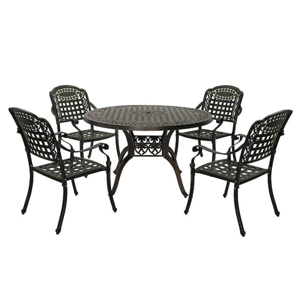 5-Piece Antique Bronze Cast Aluminum Outdoor Dining Set with 47 in. Round Table and 4 Dining Chair