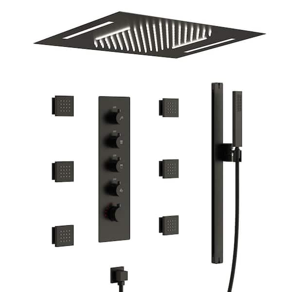15-Spray 23 in. L x 15 in. W LED Flush Ceiling Mount Waterfall Fixed and Handheld Shower Head in Matte Black