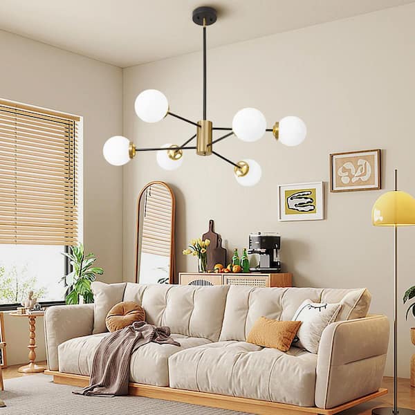 Modern 6-Light Vintage Black Chandeliers Sputnik and Gold Mid Century Ceiling-Light with Glass Shade Height Adjustable